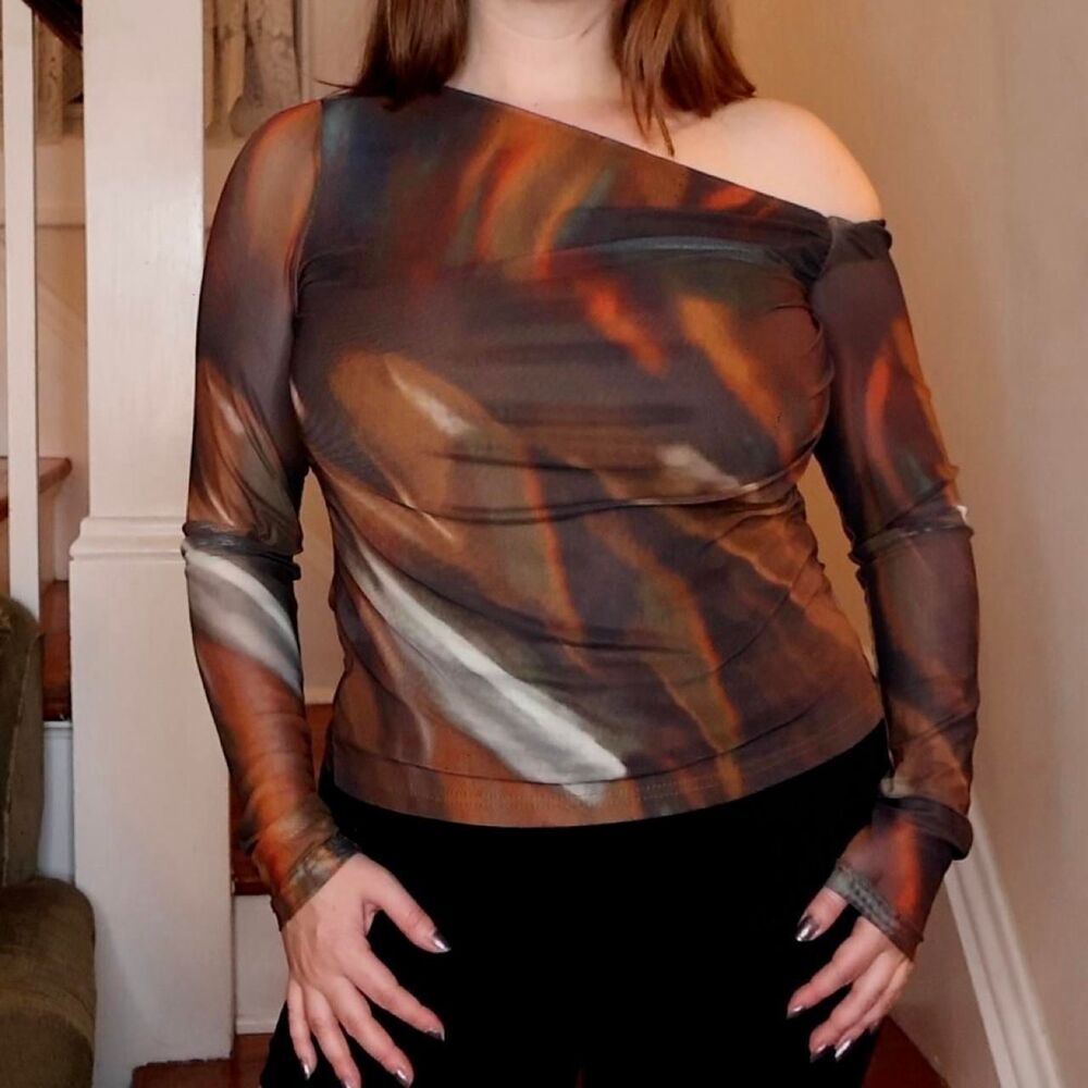 Abstract Asymmetrical Neckline Mesh Long Sleeve Top Sz Small Brown Y2K Going Out
